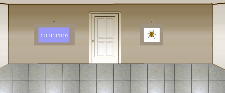 a hallway with a mysterious door